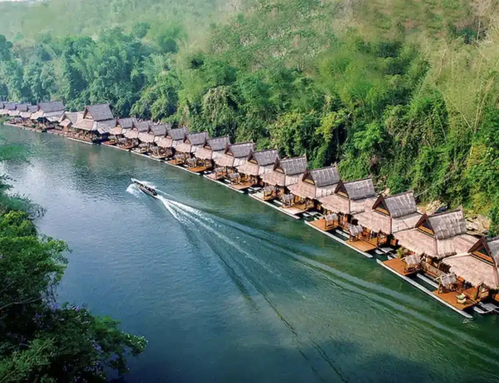 Floating Bungalows on the River Kwai in Thailand.